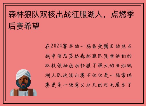 森林狼队双核出战征服湖人，点燃季后赛希望