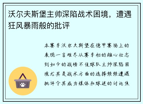 沃尔夫斯堡主帅深陷战术困境，遭遇狂风暴雨般的批评