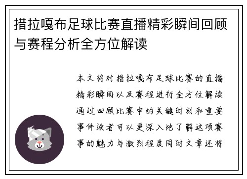 措拉嘎布足球比赛直播精彩瞬间回顾与赛程分析全方位解读