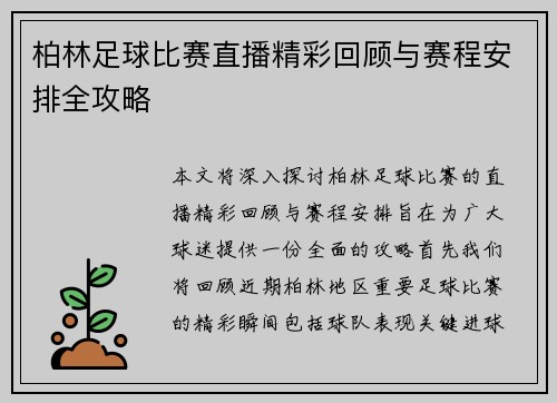 柏林足球比赛直播精彩回顾与赛程安排全攻略